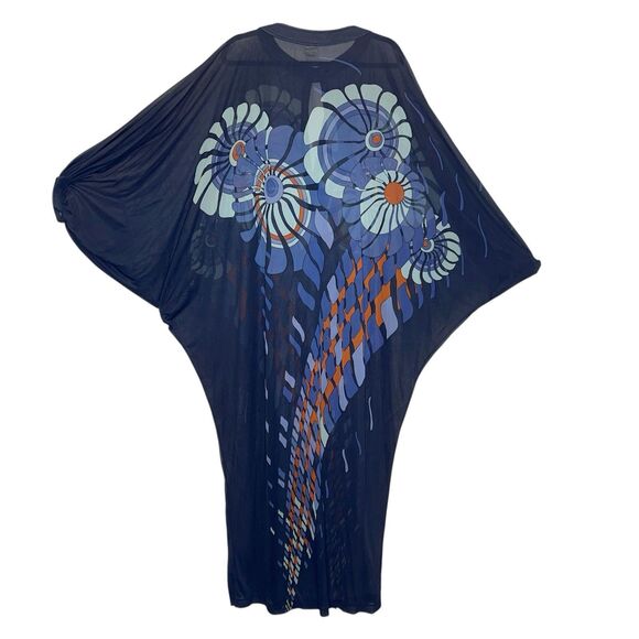 Vintage 1970s Gottex Maxi Dress Swim Cover Caftan Flowey Boho Blue Floral Medium - Picture 14 of 16